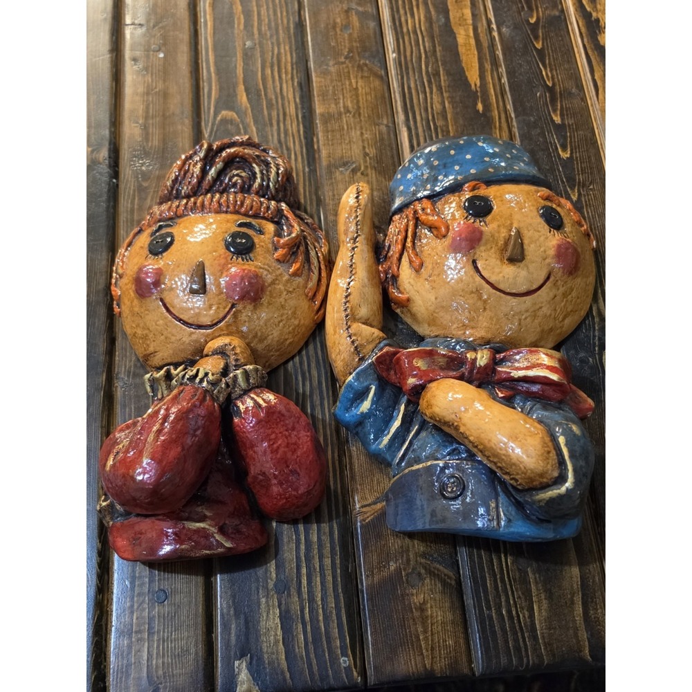 Vintage‎ Pair Raggedy Ann and Andy Face Chalkware Plaster Wall Decor Plaques